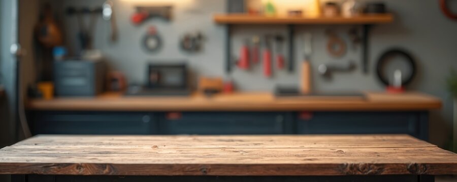 Empty wooden table top product display. Blurred workshop interior background. Workshop with mechanics tools shelf, garage. Workbench, work area, home workshop. For product montage. Workspace for