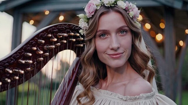 Young woman harpist playing harp outdoors with floral crown and smile  