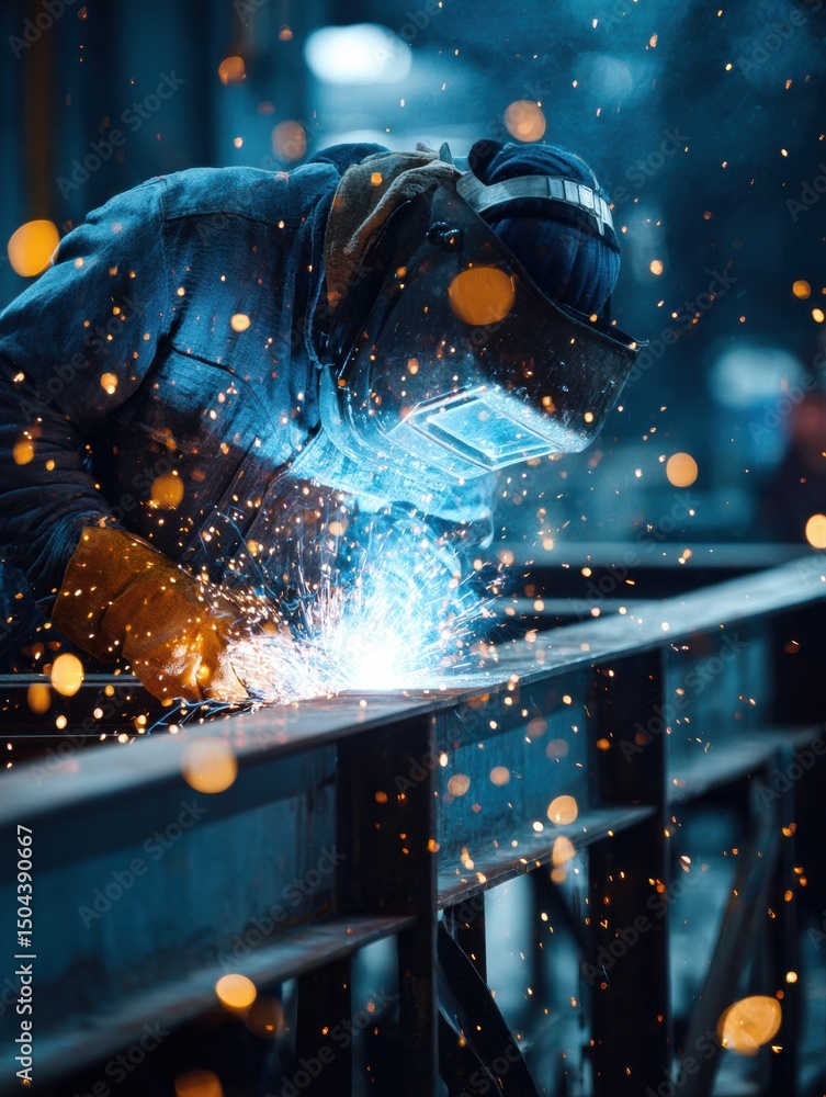 Poster worker performs welding on steel frame in a workshop with flying sparks and bright illumination