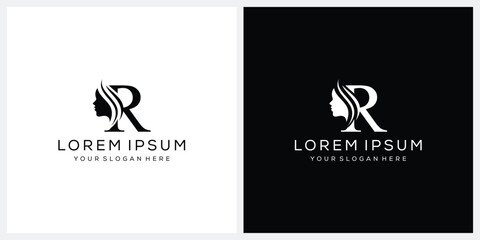 Obraz premium initial letter R face beautifull woman logo design, cosmetic and beauty graphic icon concept