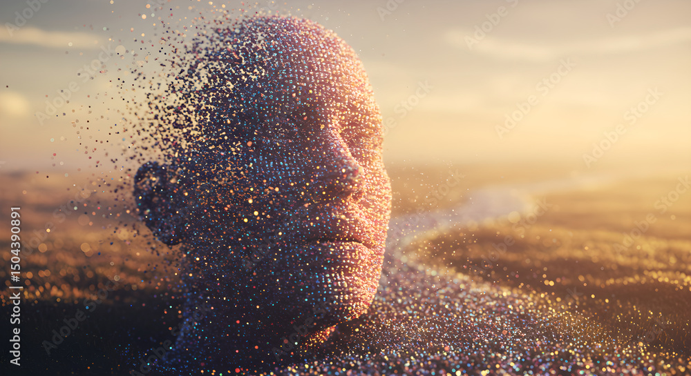 Poster abstract human face made of sparkling particles in a field with a vibrant sunset. digital art concep