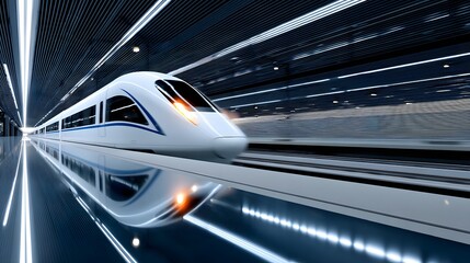 Fototapeta premium A high-speed train zipping through a futuristic station with neon lights and motion blur. long_title:A sleek, fast-moving bullet train passing through