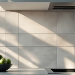 Stylish kitchen corner with flat surfaces and light cutting through.

