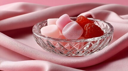 Vintage crystal bowl filled with delicate candies on a soft pink cloth.