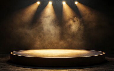 3D rendering of a stage with a spotlight illuminating an empty platform for a concert performance or product presentation. Stage lighting and festival show concept. 