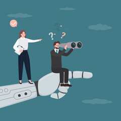 Business people on robot hand and use binoculars. Artificial intelligence supports business. AI bot work with company personnel. modern technology