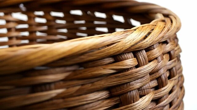 This close-up footage showcases a beautifully woven natural basket. Ideal for use in home decor or storage solutions. A celebration of craftsmanship and design. Generative AI