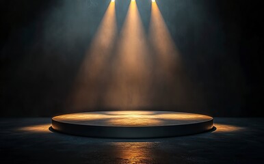 3D rendering of a stage with a spotlight illuminating an empty platform for a concert performance or product presentation. Stage lighting and festival show concept. 