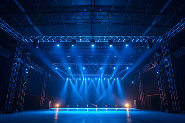 Empty Stage with Blue Lighting and Trussing Ready for a Performance or Event Featuring a Dark...