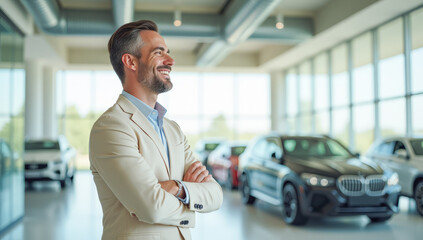 Fototapeta premium happy businessman in a light suit car salesman