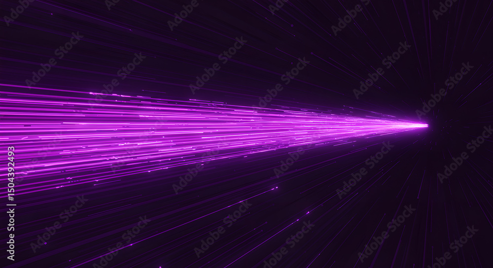Poster abstract purple light ray with glowing particles extending into dark background. modern virtual real