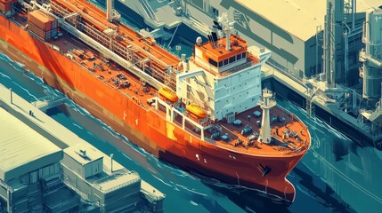 Fototapeta premium Large orange cargo ship at dock.