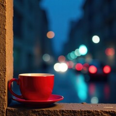 Obraz premium Red coffee cup on wall, twilight city backdrop, disposable, urban, skyscrapers