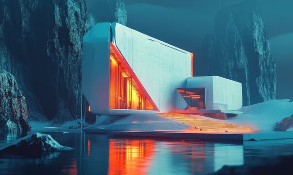 Architettura futuristica notturna sul lago