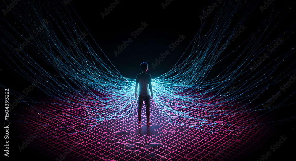 Poster man in metaverse with virtual reality headset. concept of digital data flow and future technology. a