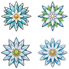 Set Of Four Stylized Flowers In White Blue And Green Colors