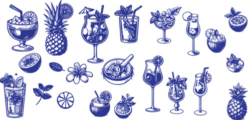 Hand drawn vector drawing of tropical drinks with lemon, coconut, mint. ,  fruit ,illustrations. Elements in doodle sketch style for menu, party, invitation.