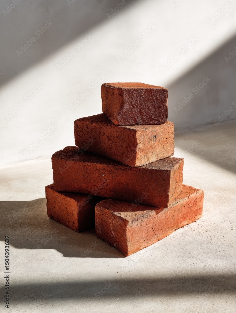 Poster Stack of Red Bricks Casting a Shadow on a Clean Concrete Background in a Well-Lit Space