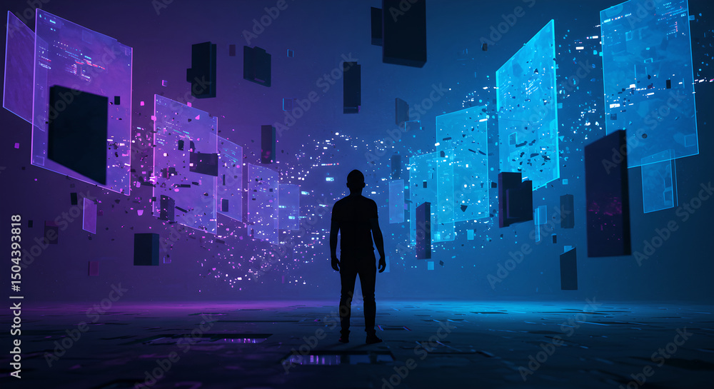 Poster man standing in front of holographic data. digital transformation and big data network. cyber world 