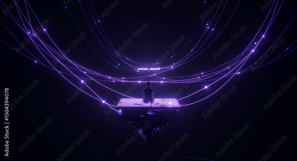 Poster man on floating platform connected by glowing lines to abstract digital network, representing artifi