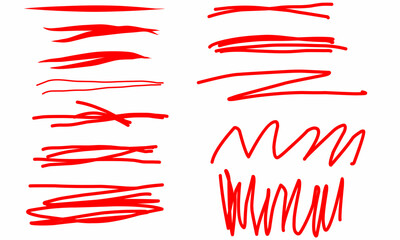 Fototapeta premium A set of dynamic red marker pen strokes on a white background. Includes thick, thin, straight and wavy lines perfect for designing accents, sketches.