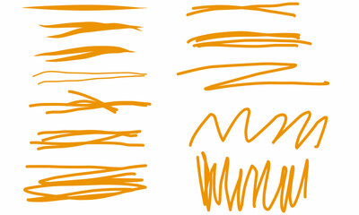 A set of dynamic orange marker pen strokes on a white background. Includes thick, thin, straight and wavy lines perfect for designing accents, sketches.