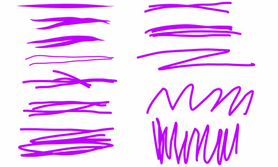 A set of dynamic purple marker pen strokes on a white background. Includes thick, thin, straight and wavy lines perfect for designing accents, sketches.
