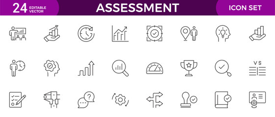 Assessment icons set. Stroke thin line vector illustration with goals, results, process, quality, evaluation, planning, analysis, auditing, financial report, measuring, expertise