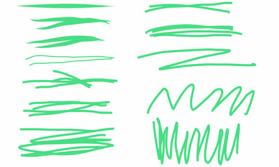 A set of dynamic green marker pen strokes on a white background. Includes thick, thin, straight and wavy lines perfect for designing accents, sketches.