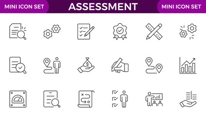Assessment icons set. Stroke thin line vector illustration with goals, results, process, quality, evaluation, planning, analysis, auditing, financial report, measuring, expertise