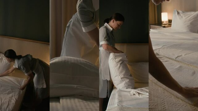 Split screen footage of female housekeeper straightening sheet, fluffing pillow and folding fresh towel while making bed in hotel room