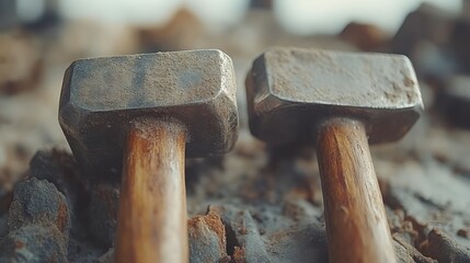 Close up of heavy hammers on a construction site with textured background