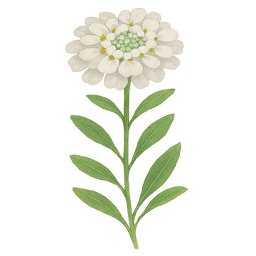 Delicate watercolor illustration of a single white candytuft flower and green leafy stem