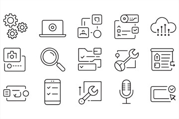 Minimalist Line Art Icons Set for Data Management and Communication