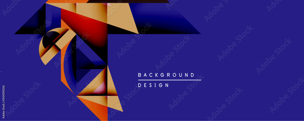 Poster Abstract geometric shapes overlap, creating dynamic composition. Warm tones contrast with deep blue background. Modern design evokes energy, movement, visual interest.