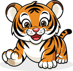 A playful illustration of a cute, cartoon tiger cub with bright orange and black stripes. With a cheerful expression, this design captures the playful and friendly nature of a young tiger.