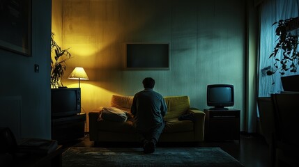 A person sits alone in a dimly lit living room.