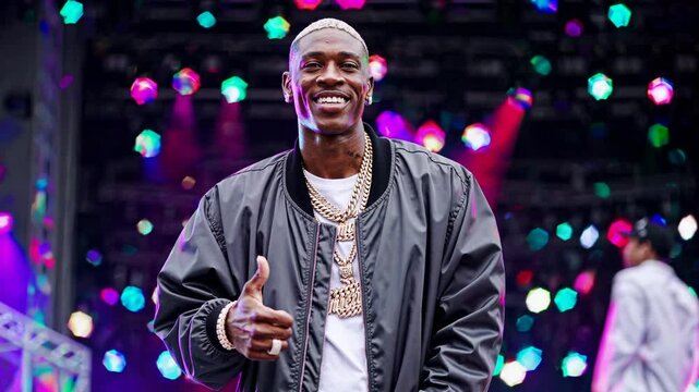 Smiling black man rapper giving a thumbs up on stage with colorful lights  