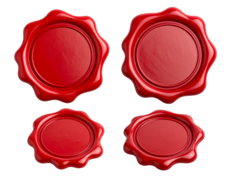 Four red wax seals with embossed circular borders in different sizes and shapes.