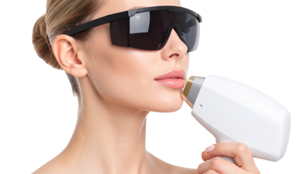 A woman uses a handheld laser hair removal device on her face while wearing protective glasses.