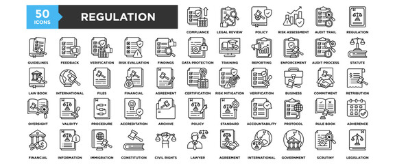 50 Regulation icon set. Containing design Compliance Check, Legal Review, Policy Management, Risk Assessment, Audit Trail	