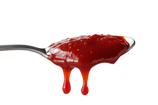 A spoonful of classic BBQ sauce dripping, suspended in the air, sharp focus, white background.