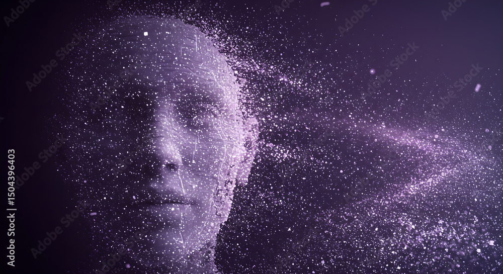 Poster abstract human head dissolving into particle. digital brain disintegration. ai consciousness concept