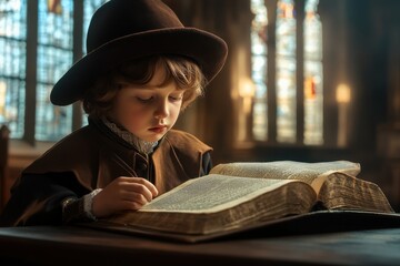 Giovane studioso in veste antica intento nella lettura di un antico libro