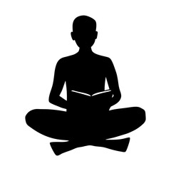 Person seated reading a book in a lotus position silhouette