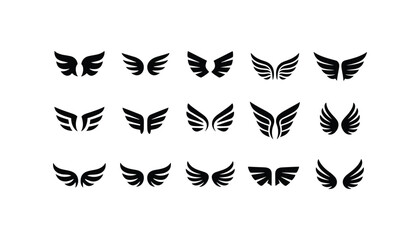 Fototapeta premium Angel wings icon set fly signs, pilot symbols graphic design elements, Ranging from simple to intricate feather scale silhouettes
