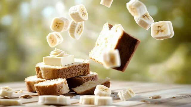 Banana bread slices and fruit falling