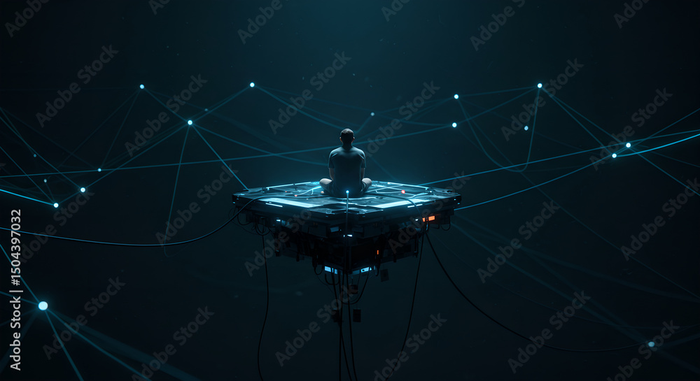 Poster man sitting on a futuristic floating platform in a digital space. conceptual image of human connecti