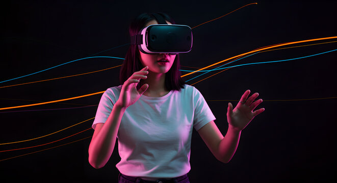 Woman experiencing virtual reality with a headset, immersed in a futuristic digital world with abstract light trails, technology concept.