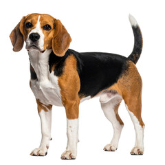 Full-Body Beagle Dog in Standing Position, Tricolor Fur and Expressive Eyes, Transparent Background